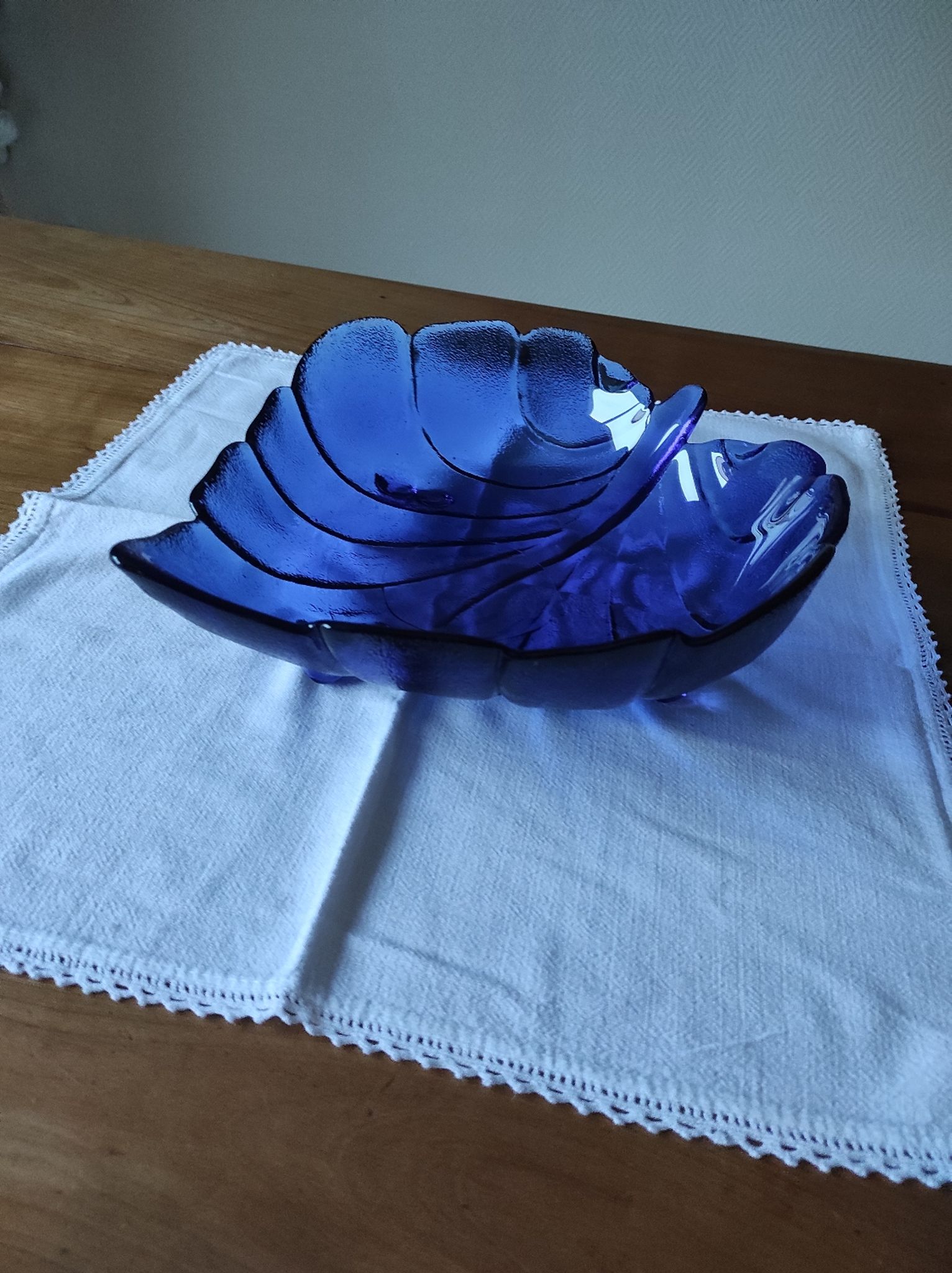 Blue glass fruit bowl