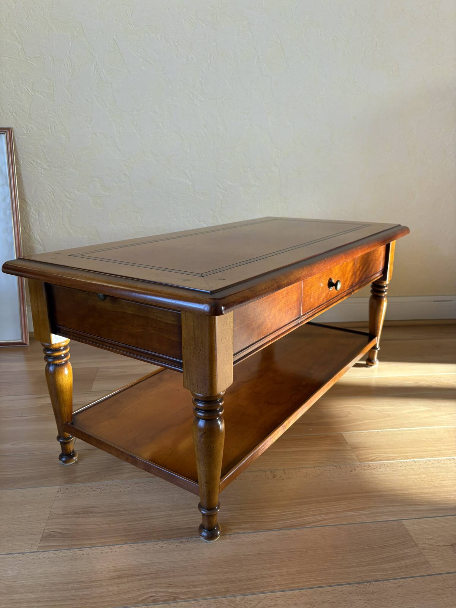 Vintage wooden coffee table with drawer and shelves