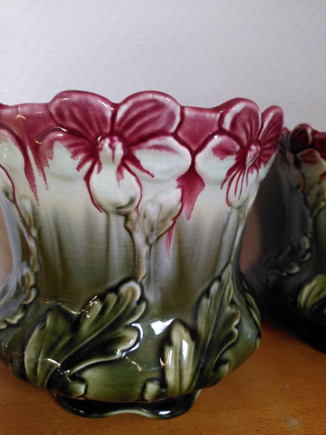 Pair of Art Nouveau majolica plant pots