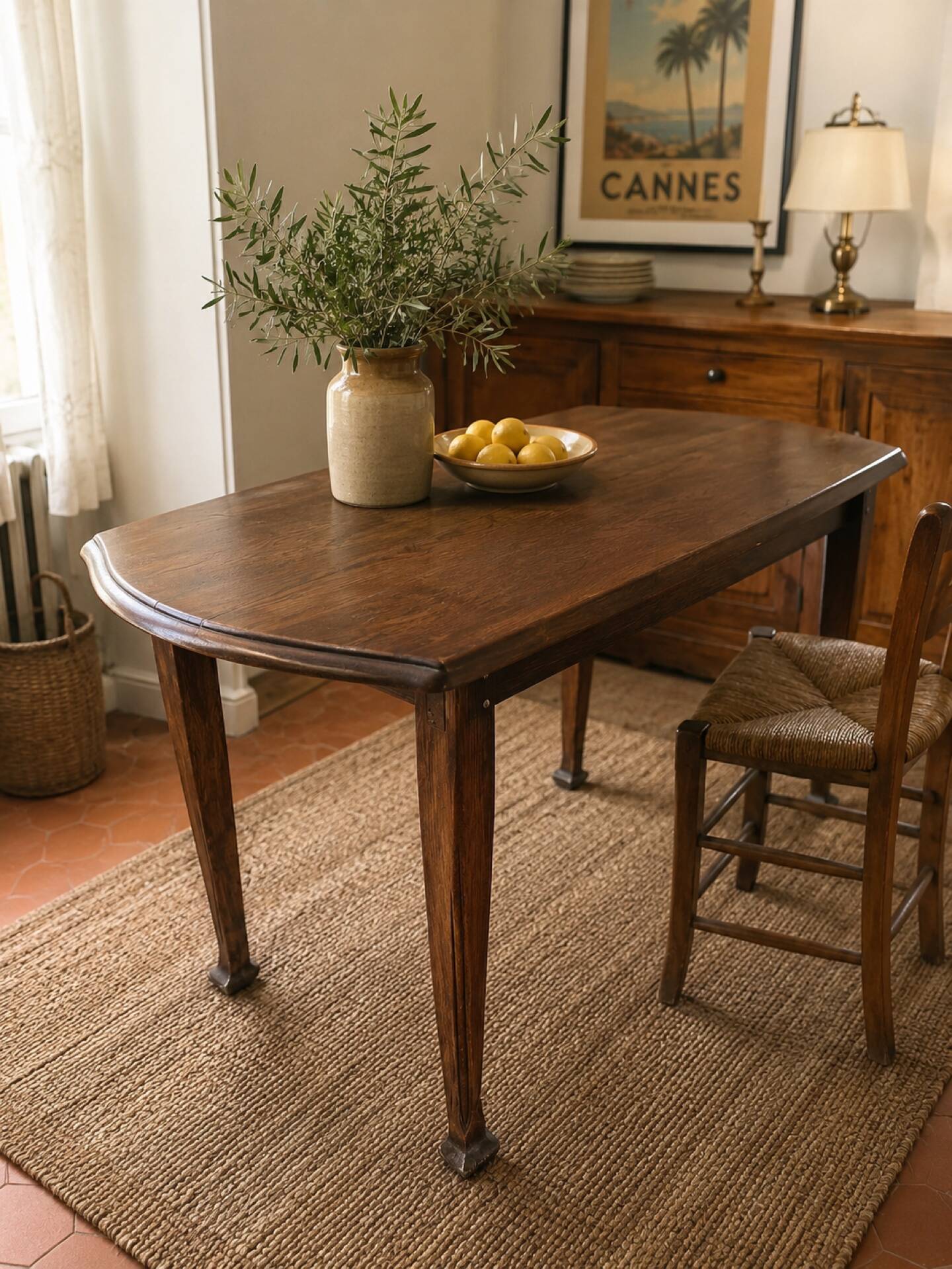Vintage antique oak table with ornate legs.