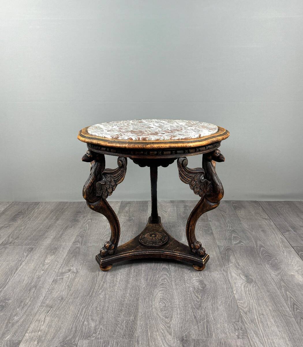 Table Guéridon en bois sculpté avec plateau en marbre, XIXe siècle