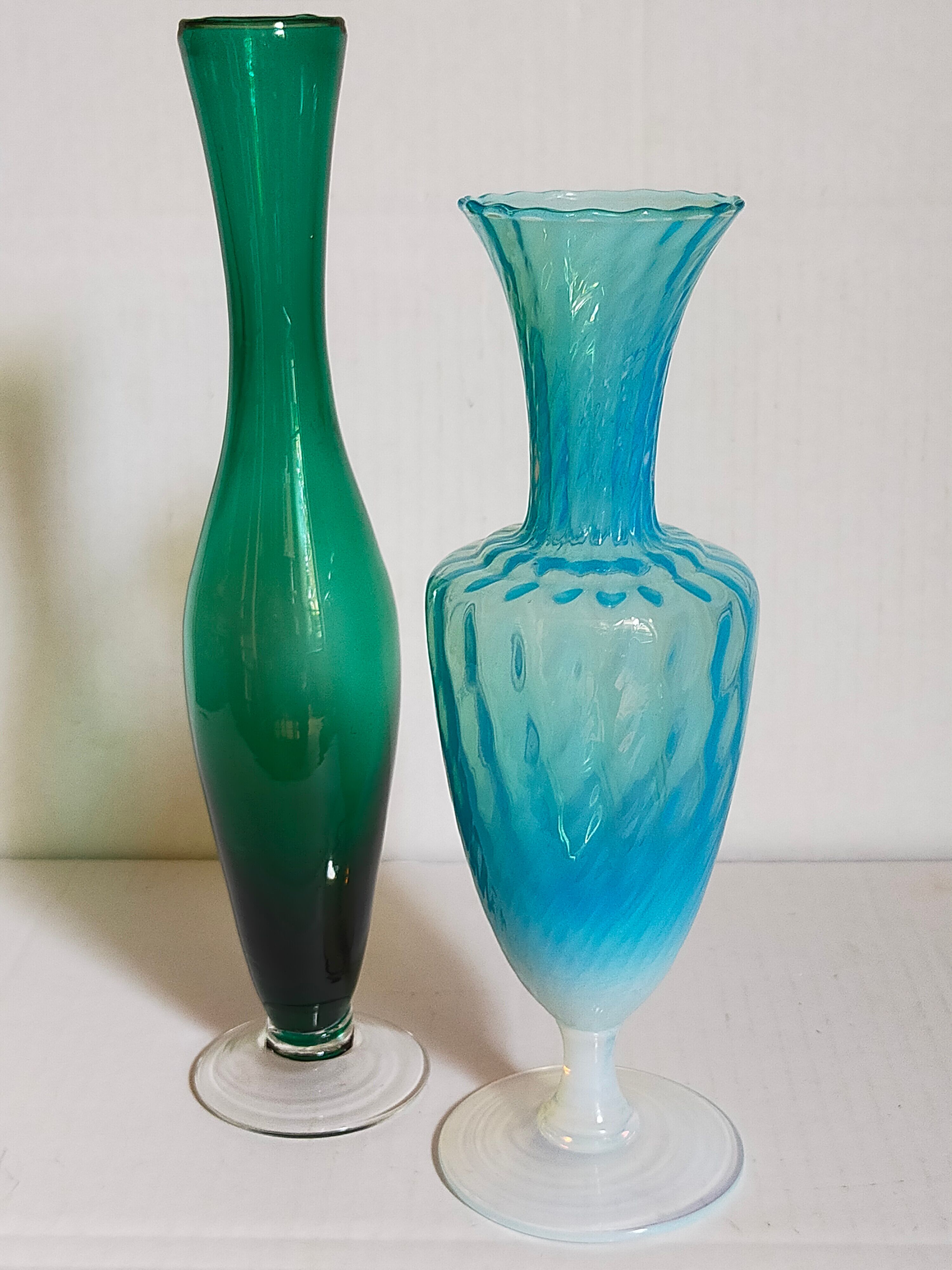 Duo of vintage blown glass soliflores vases