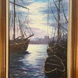 Painting by G. Bournonville, signed and dated 1986, oil on cardboard, boats at the quay