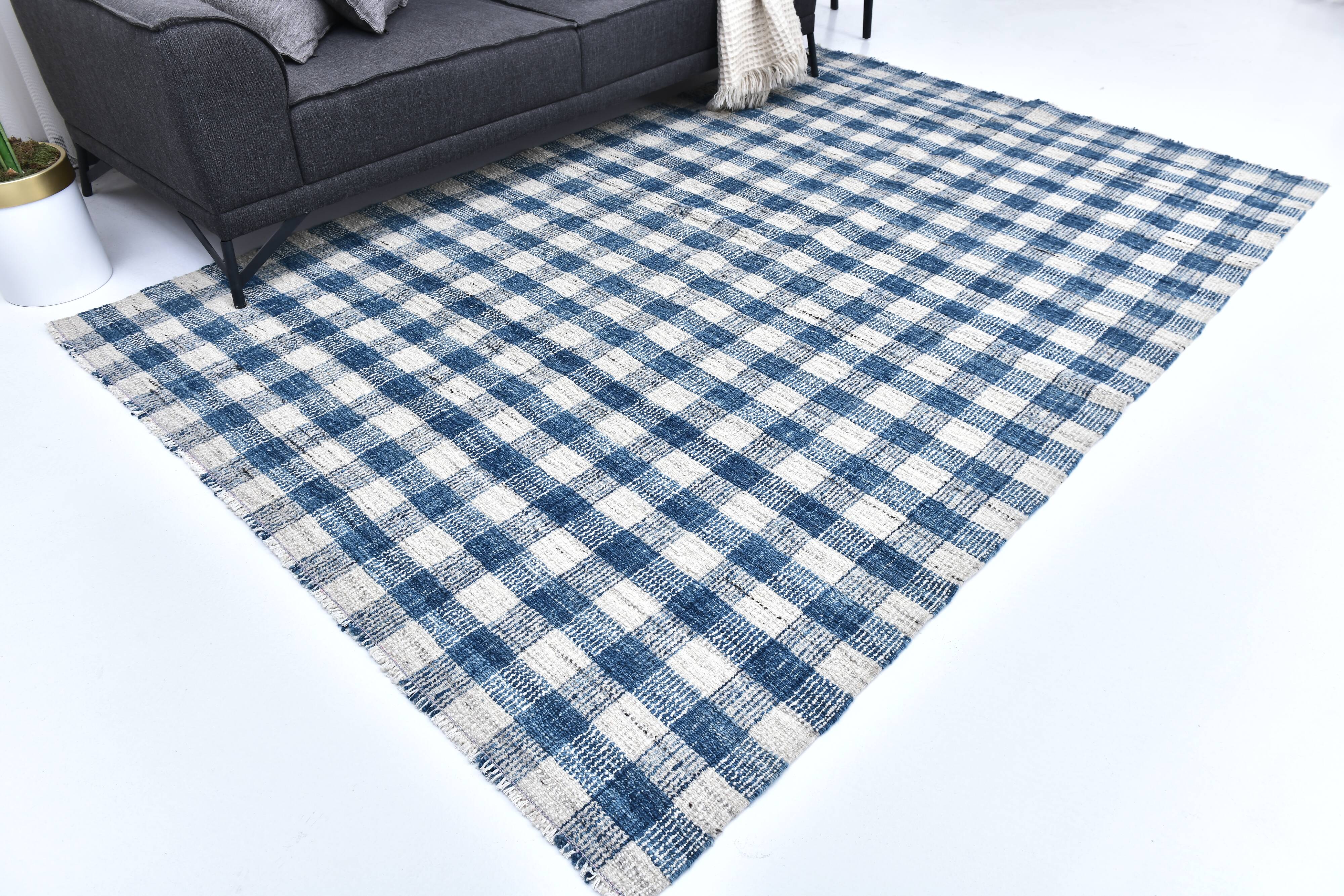 190x290cm İndigo blue kilim carpet. made with wool, Organic Wool Kilim
