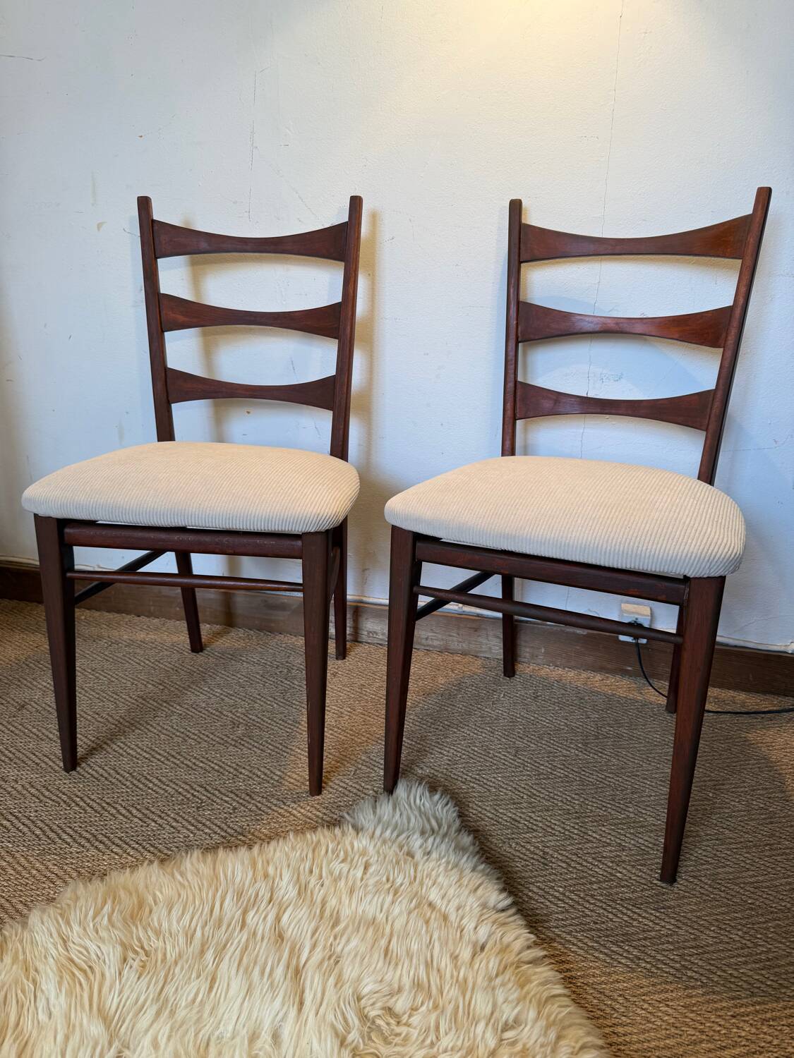 Pair of vintage wood and corduroy chairs