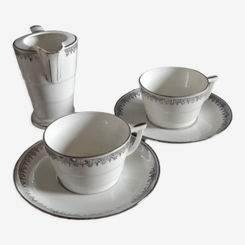 Duo tasses à café & pot à lait, porcelaine fine blanche et argentée Limoges, 1930 Art Deco