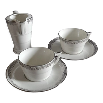 Duo coffee cups & milk jug, fine white and silver porcelain Limoges, 1930 Art Deco