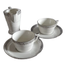 Duo coffee cups & milk jug, fine white and silver porcelain Limoges, 1930 Art Deco