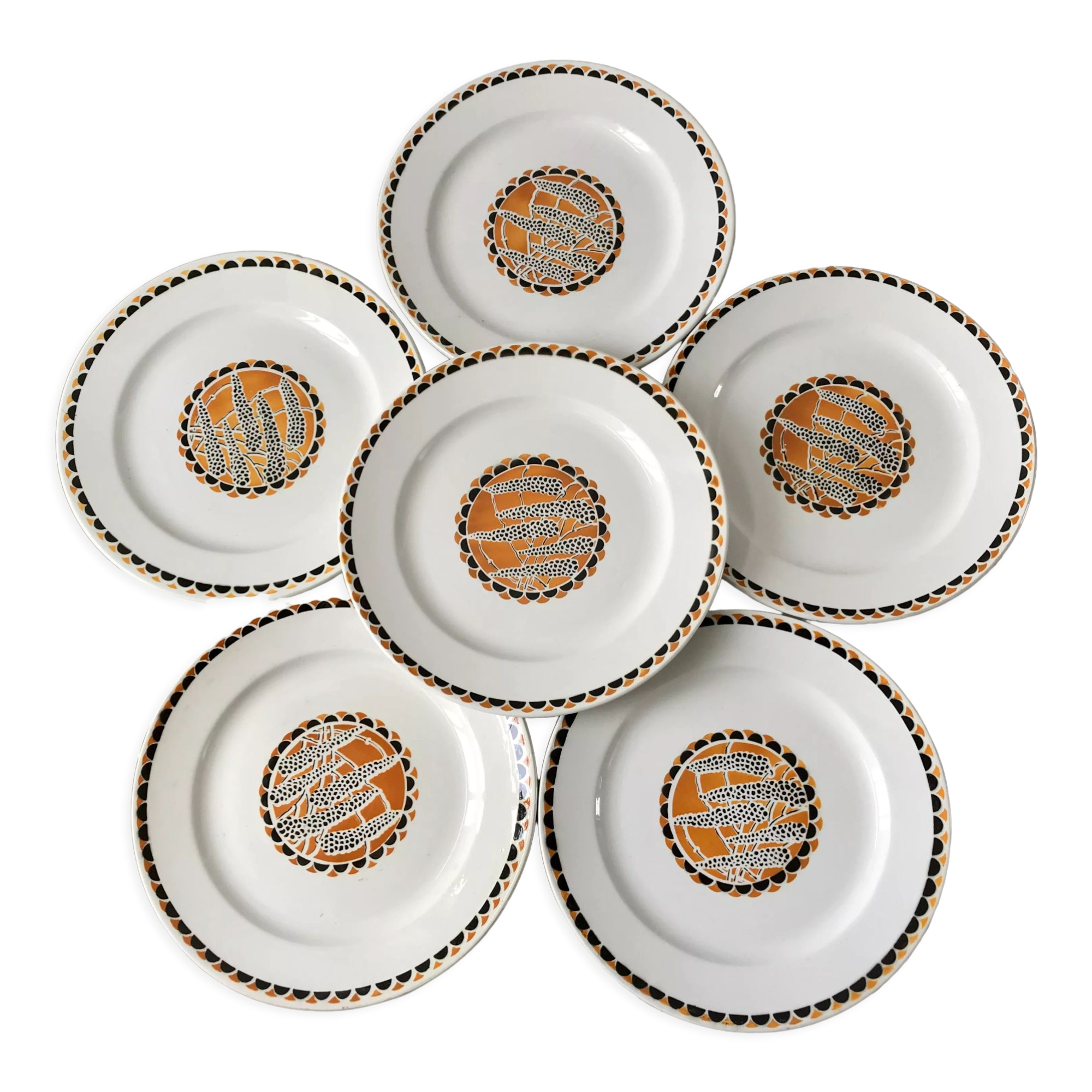 set of 6 flat plates Sarreguemines model "Nomeny" art deco 30s