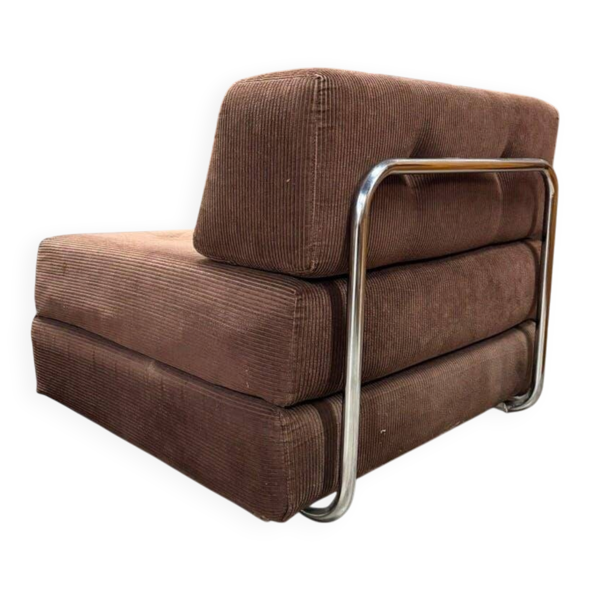 Fauteuil vintage marron côtelé / une place avec accent chromé