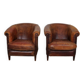Vintage Dutch Cognac Colored Leather Club Chair, Set of 2