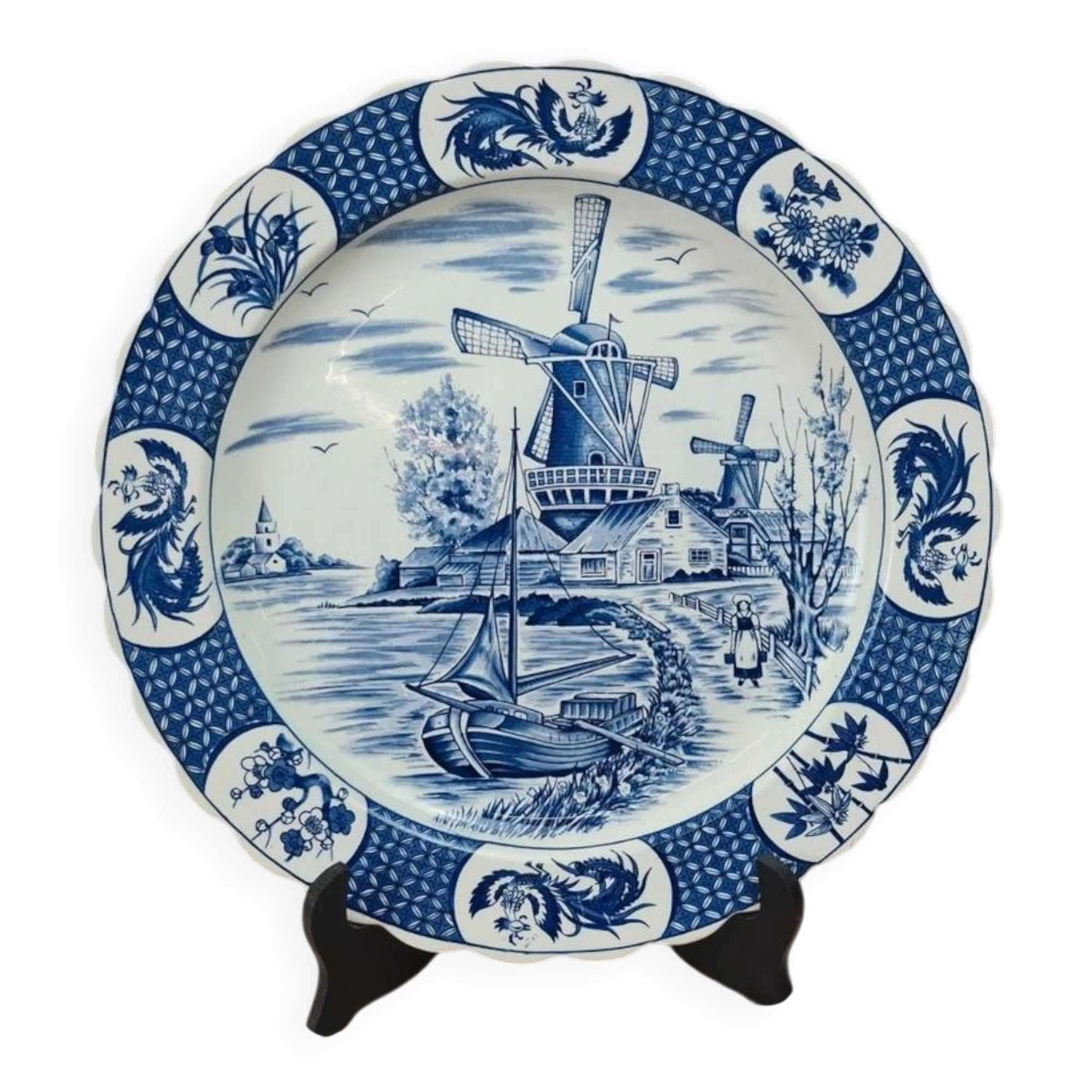 Large decorative wall plate blue and white windmills Delft style 41 cm