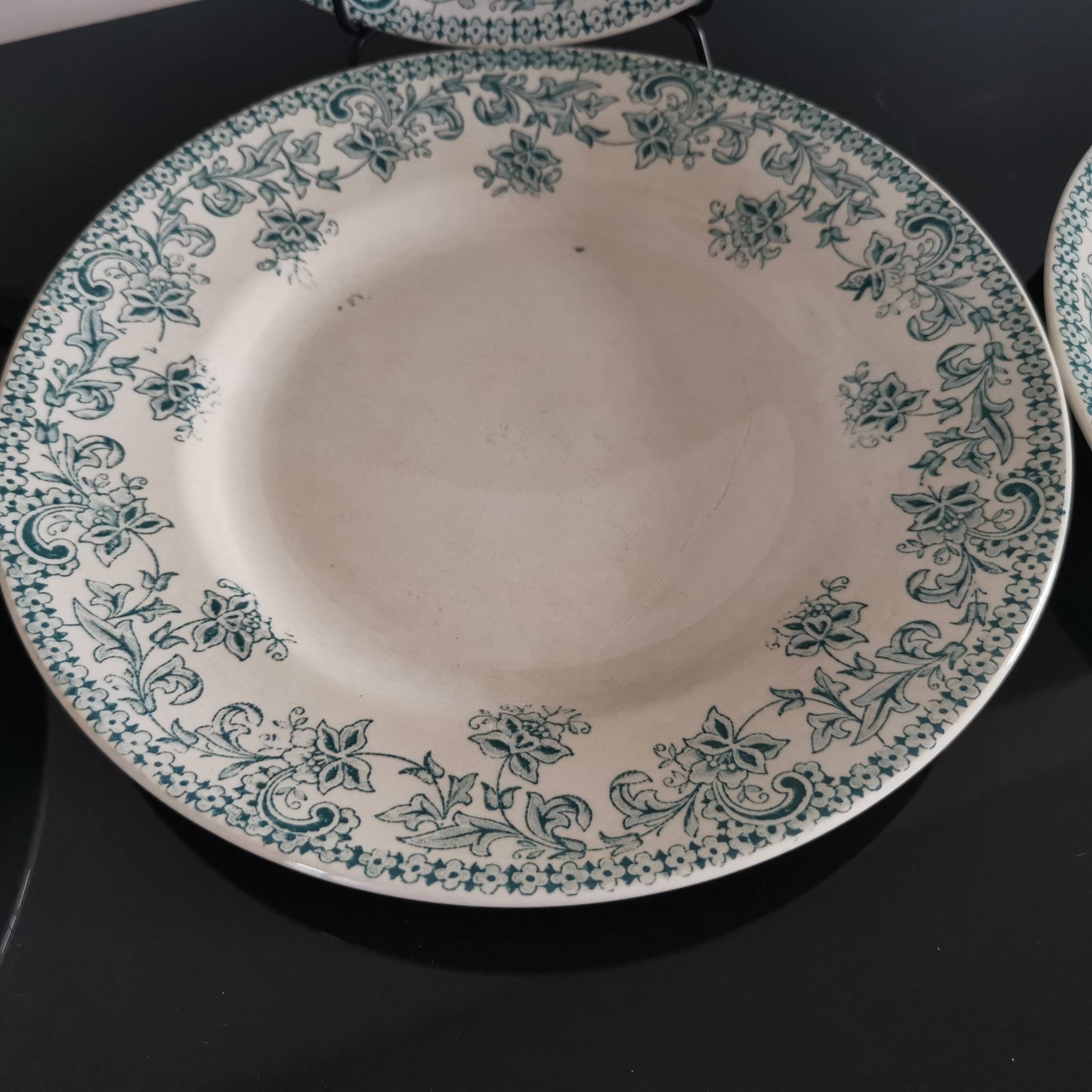 7 Jane model flat plates with dark green floral decoration Saint-Amand