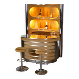 Suede and chrome dry bar with barstools in cognac by Willy Rizzo, Italy 1970s