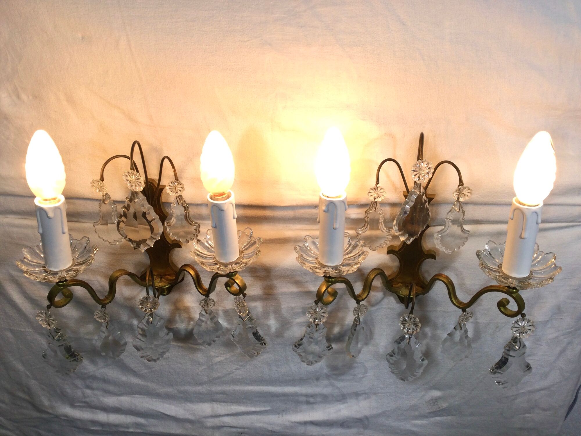 Pair of bronze sconces and crystal tassels 2 lights louis xv style