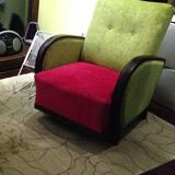 Set of 2 Art Deco armchairs in fuchsia and olive fabric, 1930s, Czech Republic.