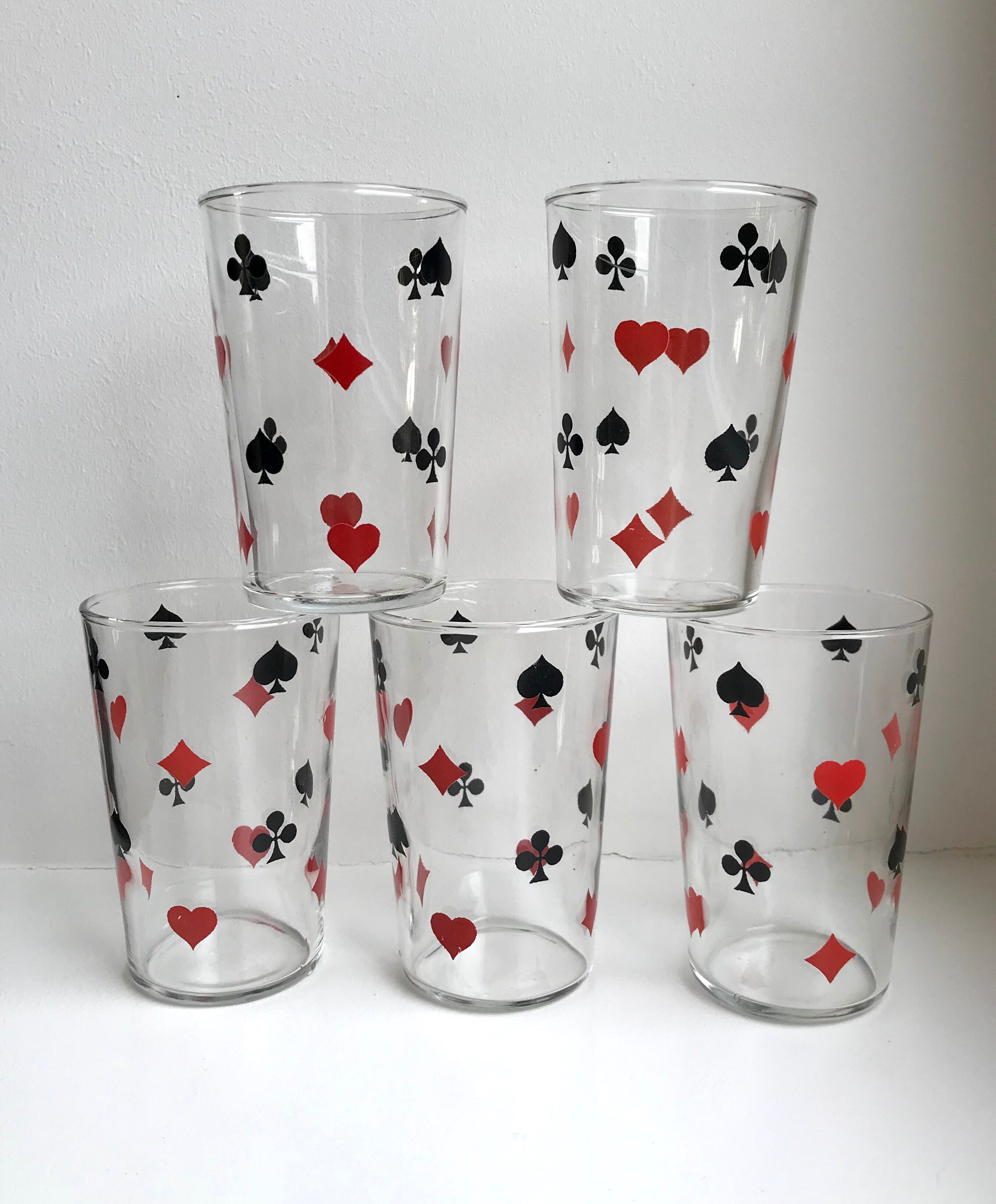 Set of 5 silkscreened water glasses "card game" vintage years 60s-70s