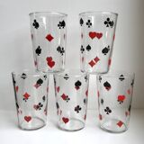 Lot de 5 verres à eau sérigraphiés "jeu de cartes" vintage années 60-70
