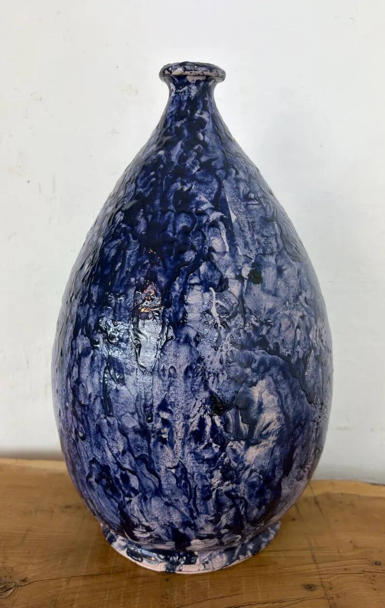 Vintage Mid-Century Studio Art Pottery Cobalt Blue Textured Glaze Teardrop Vase