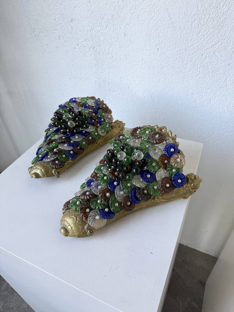 Pair of Art Nouveau bronze and Murano glass wall lights