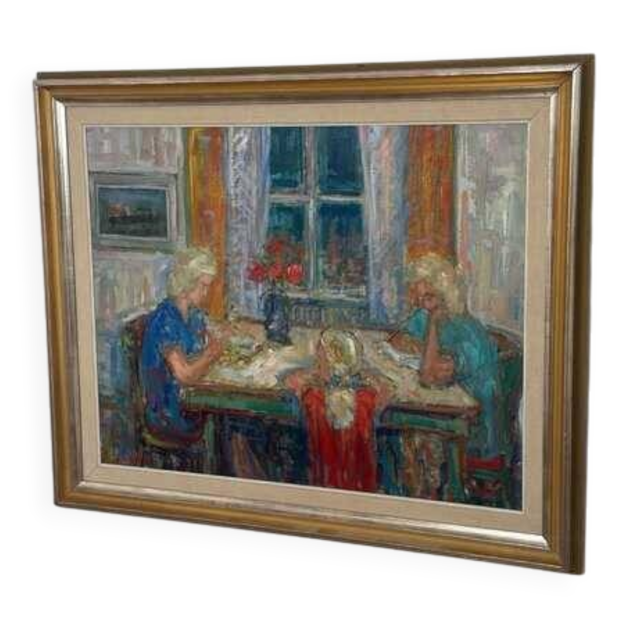 Original mid-century Swedish oil on canvas – “Family” by Eric With – vintage & framed – 75 × 91 cm (29.5" × 35.8")