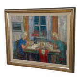 Huile sur toile suédoise d'époque mi-siècle – « Famille » par Eric With – vintage et encadrée – 75 × 91 cm (29,5" × 35,8")