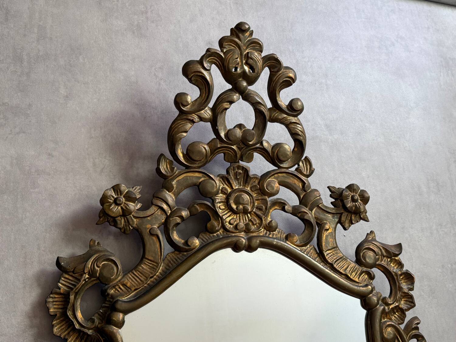 Golden wooden mirror in Baroque style from the 1950s, France.