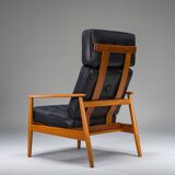 Armchair with Model FD 164 frame by Arne Vodder and Model 118 armrests by Grete Jalk in teak and black leather, Denmark, 1960s