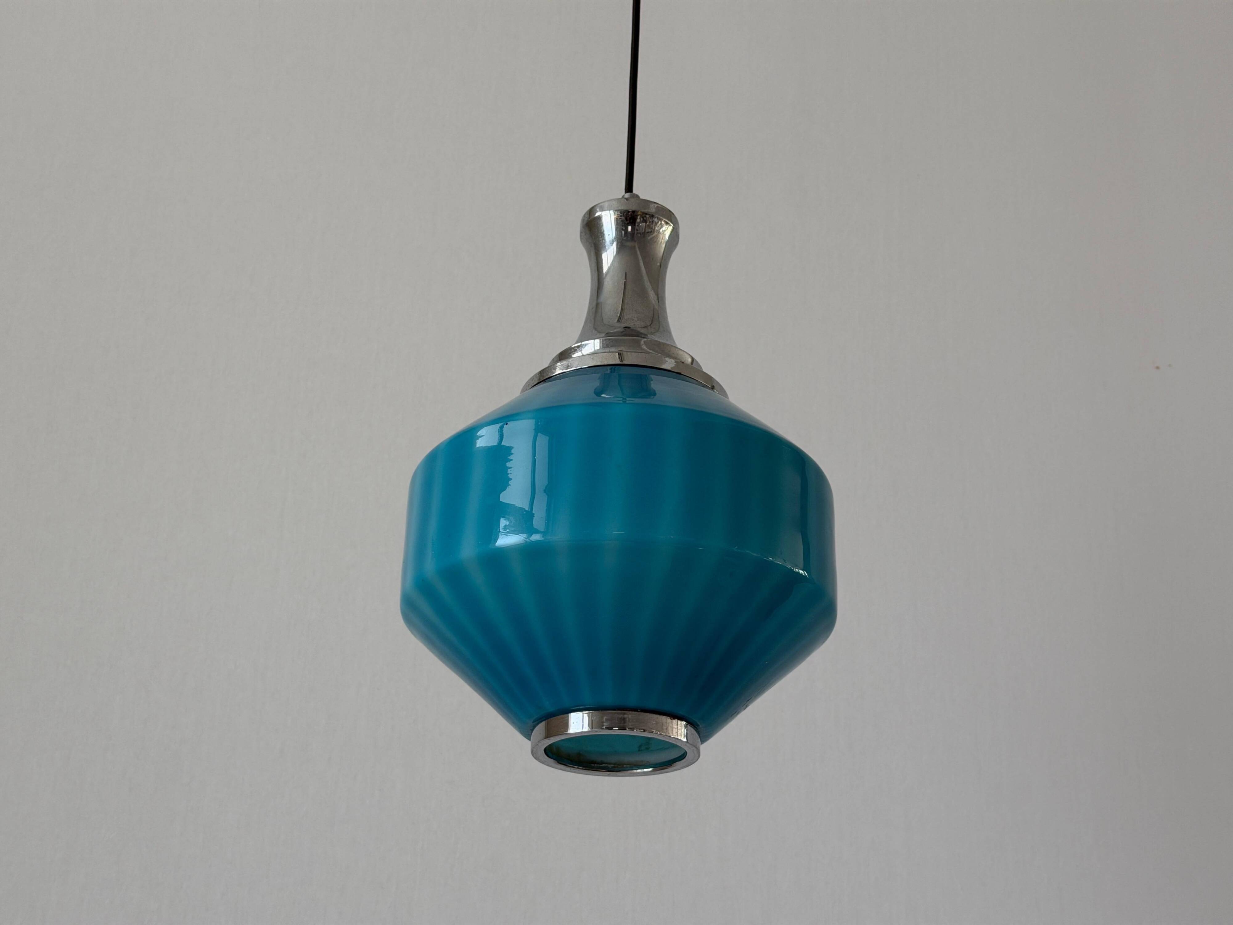 Blue glass ceiling light with a chrome frame, 1960s, Germany.
