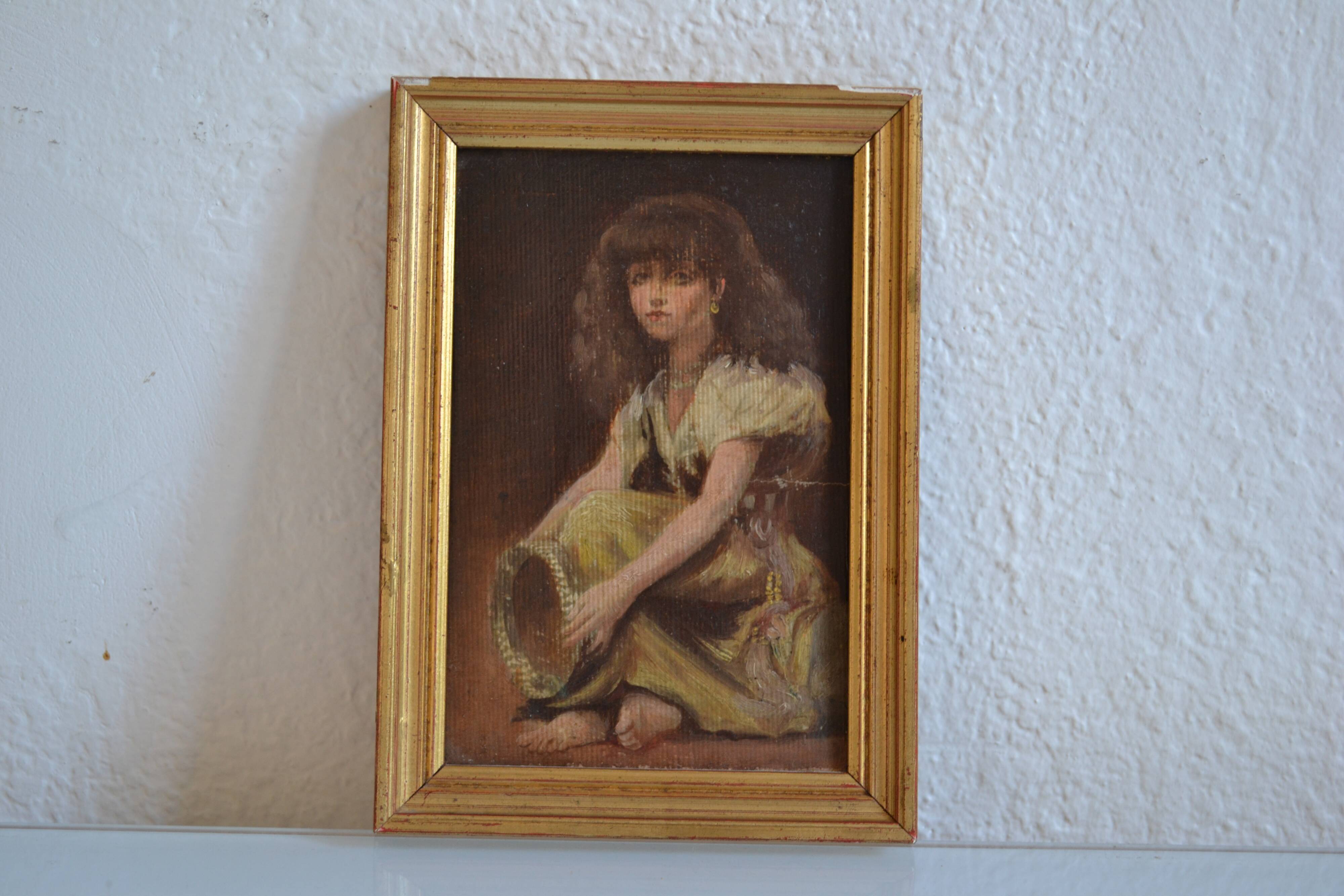 Young girl with tambourine Provence old painting HSP
