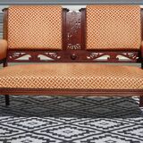 Vintage bench in wood and orange/ivory velvet.