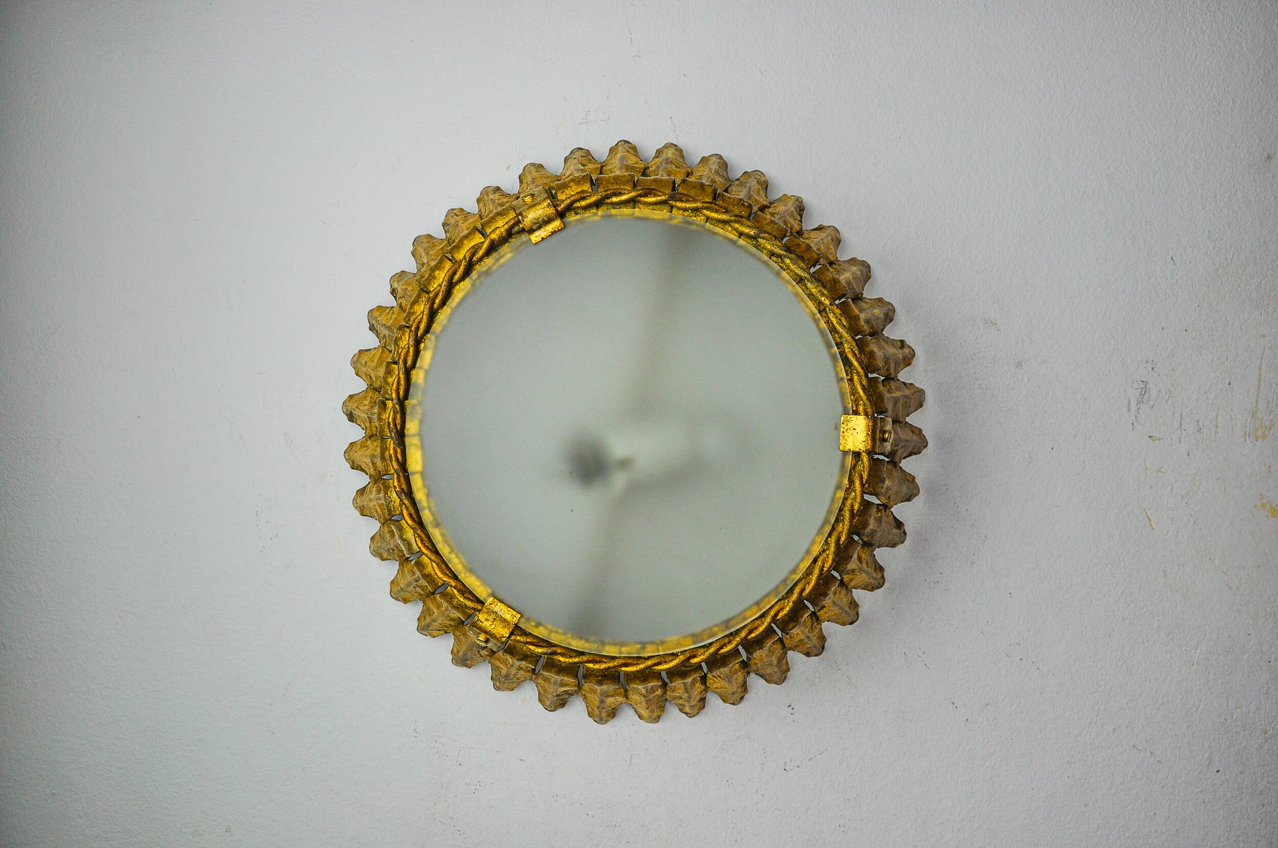 Sun wall lamp by ferro arte, metal and gold leaf, Spain, 1960