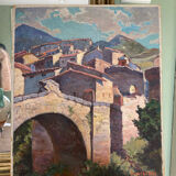 Painting signed sunny village soft colors