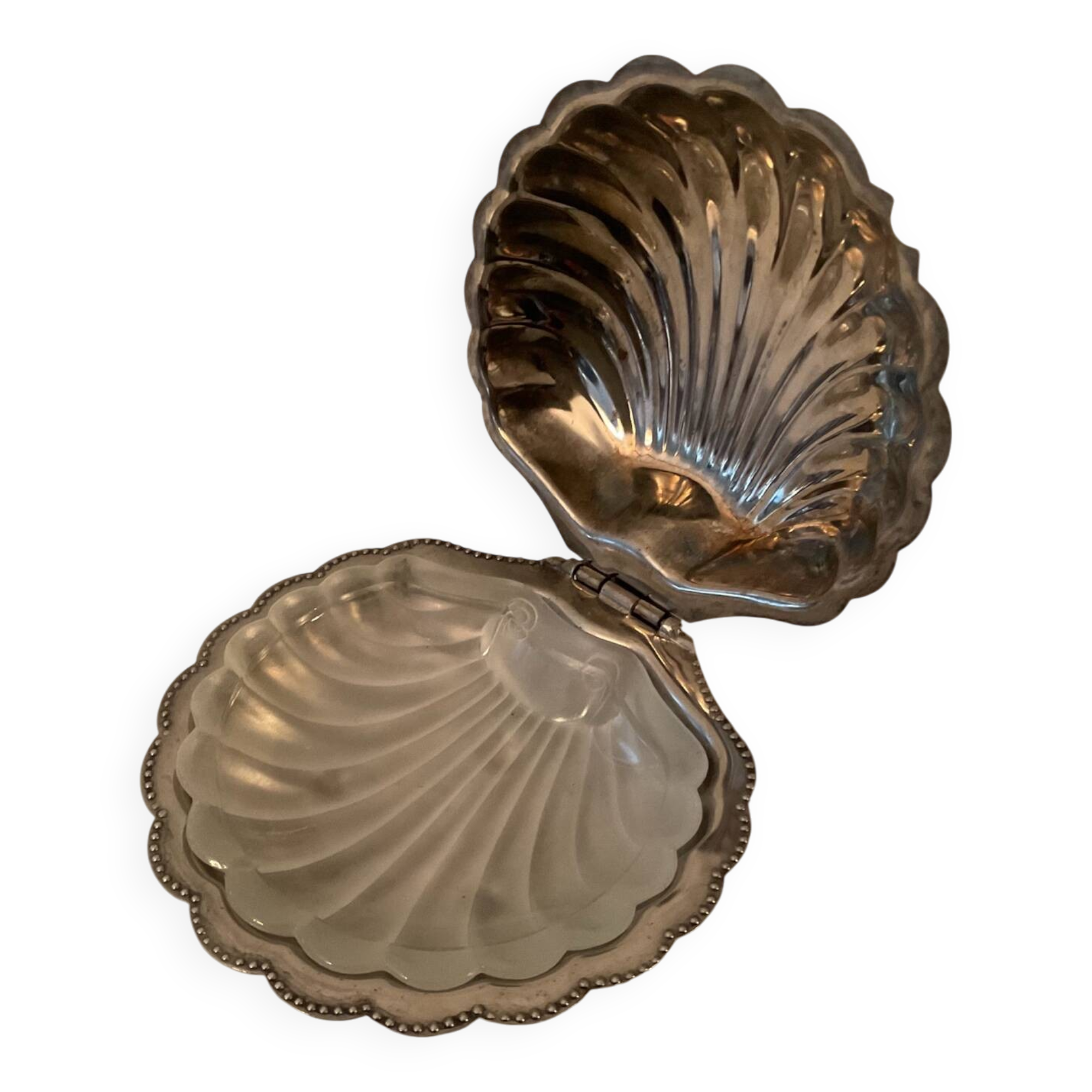 Vintage silver metal shell butter dish