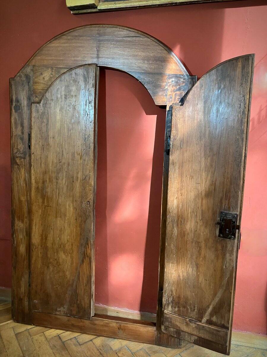 Antique Rustic Tuscan Window in Chestnut with Original Wrought Iron Hardware, 1800s