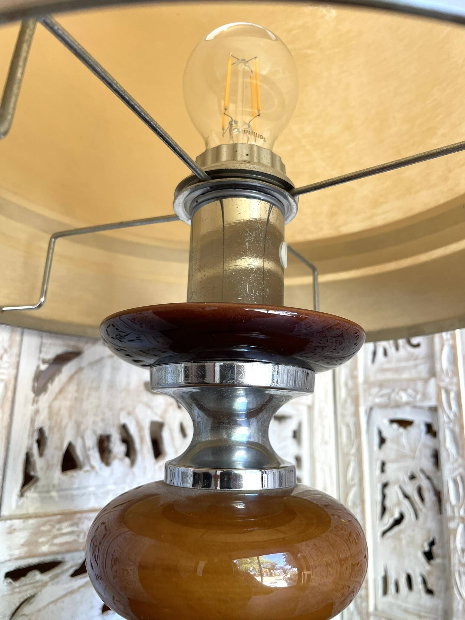Large Vintage Space Age Table Lamp / 1970s Design - Ceramic & Chrome