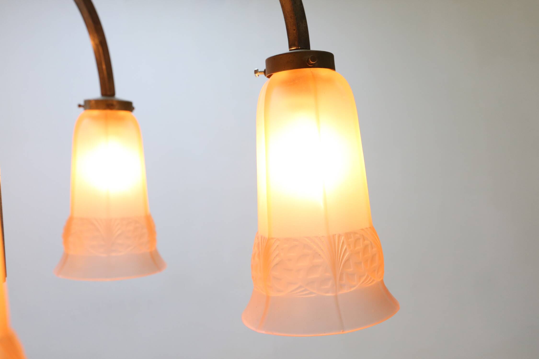 Art Deco chandelier with etched pink glass shades, Belgium 1930s