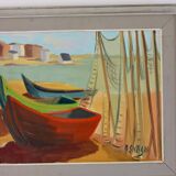 Original Swedish Mid-Century Oil on Panel “Boats and Fishing Nets ” by ALF (Affe) SKAGH (1916-1962)