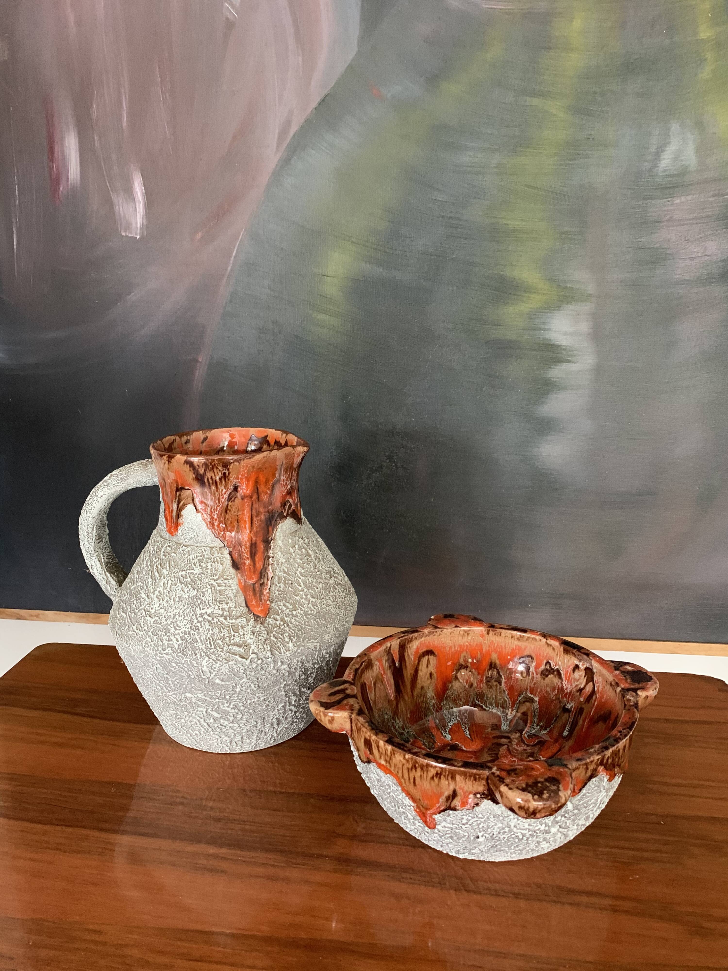 Vintage glazed pitcher and mortar duo
