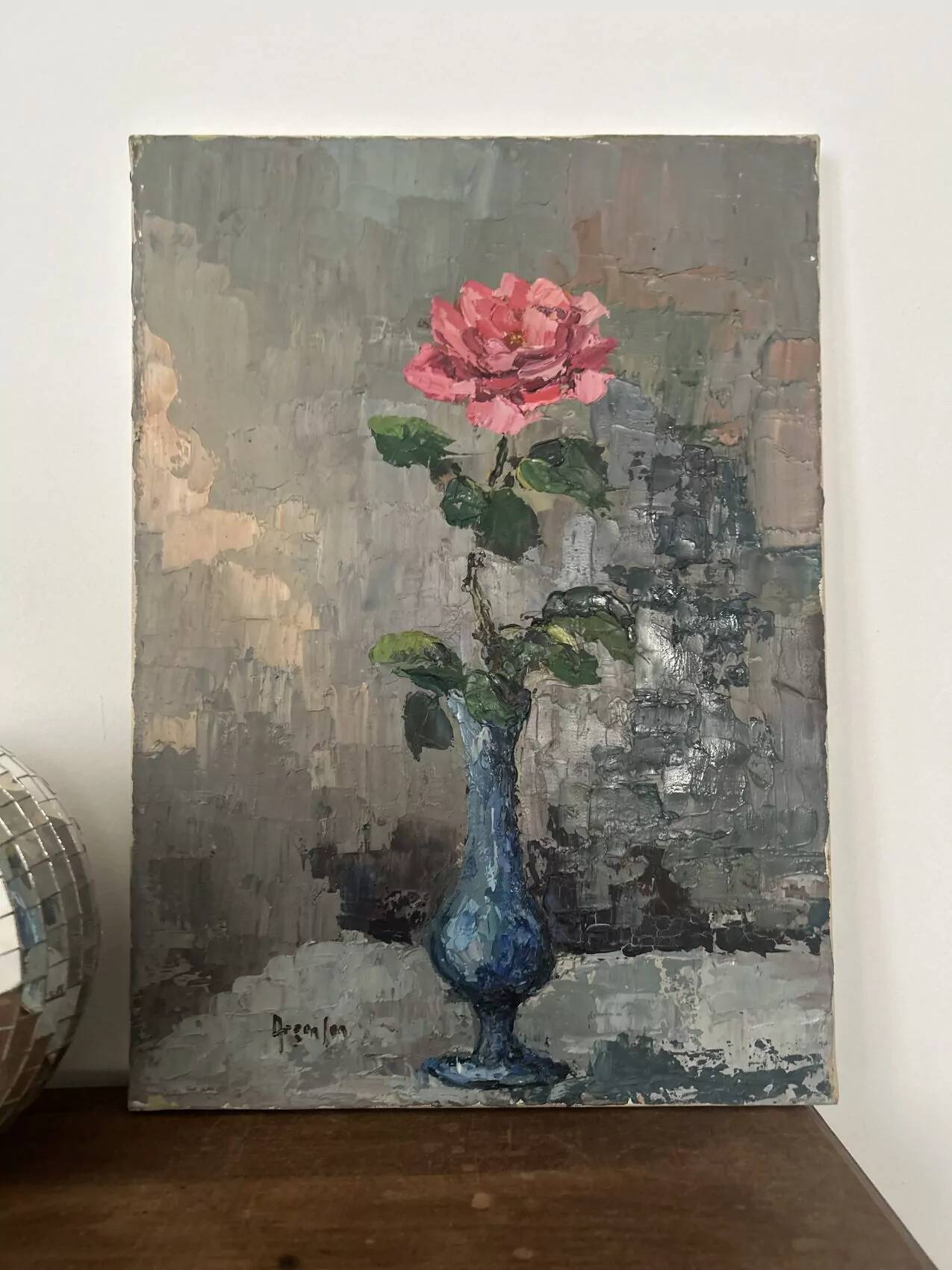 Antique oil painting on canvas, "The Rose in a Blue Vase," mid-20th century, signed