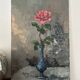 Antique oil painting on canvas, "The Rose in a Blue Vase," mid-20th century, signed