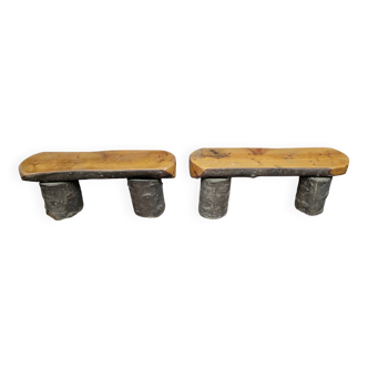 20th century folk art: pair of solid wood benches