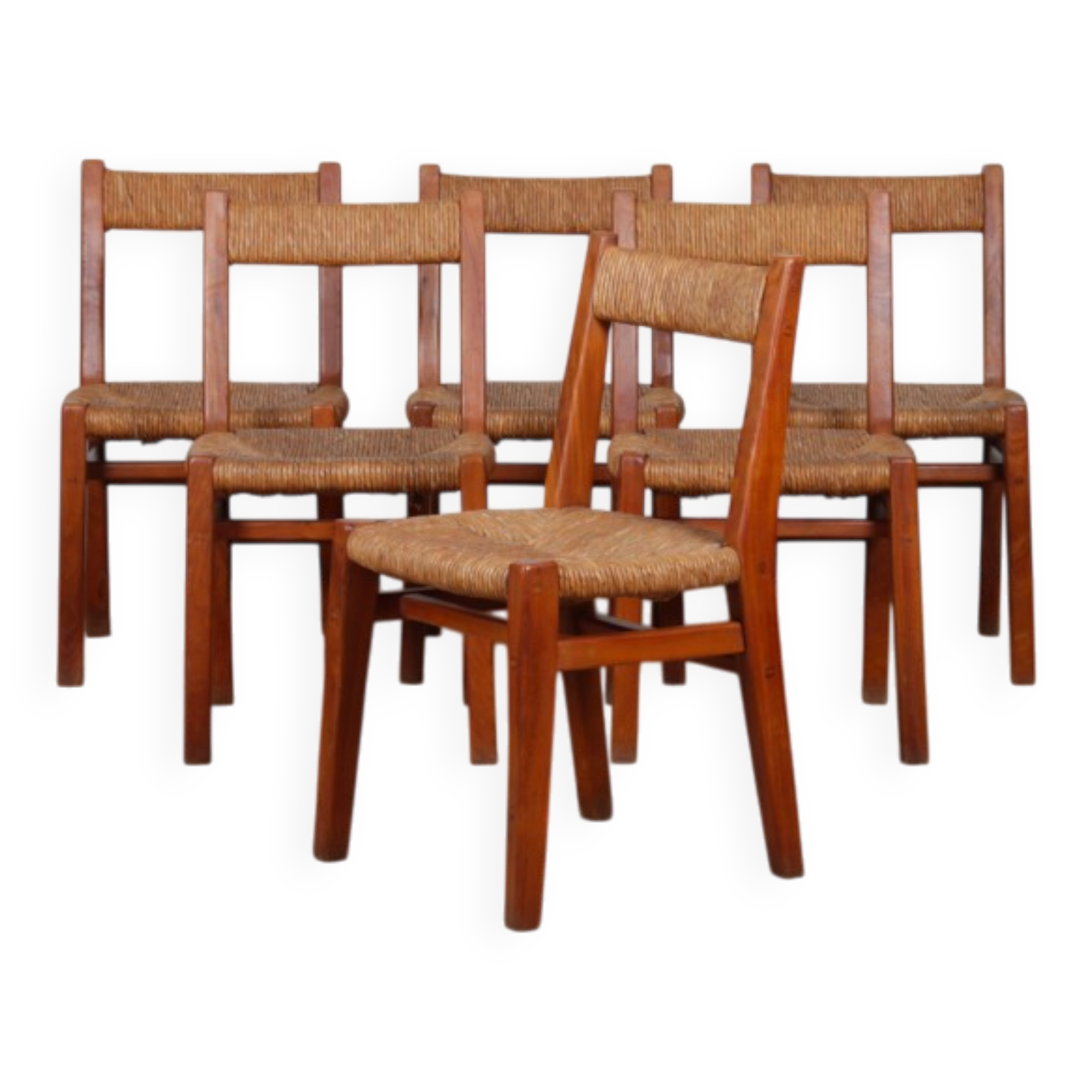 Suite de 6 chaises paillées en orme massif, travail français, 1950