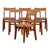 Set of 6 rush-seated chairs in solid elm, French craftsmanship, 1950.