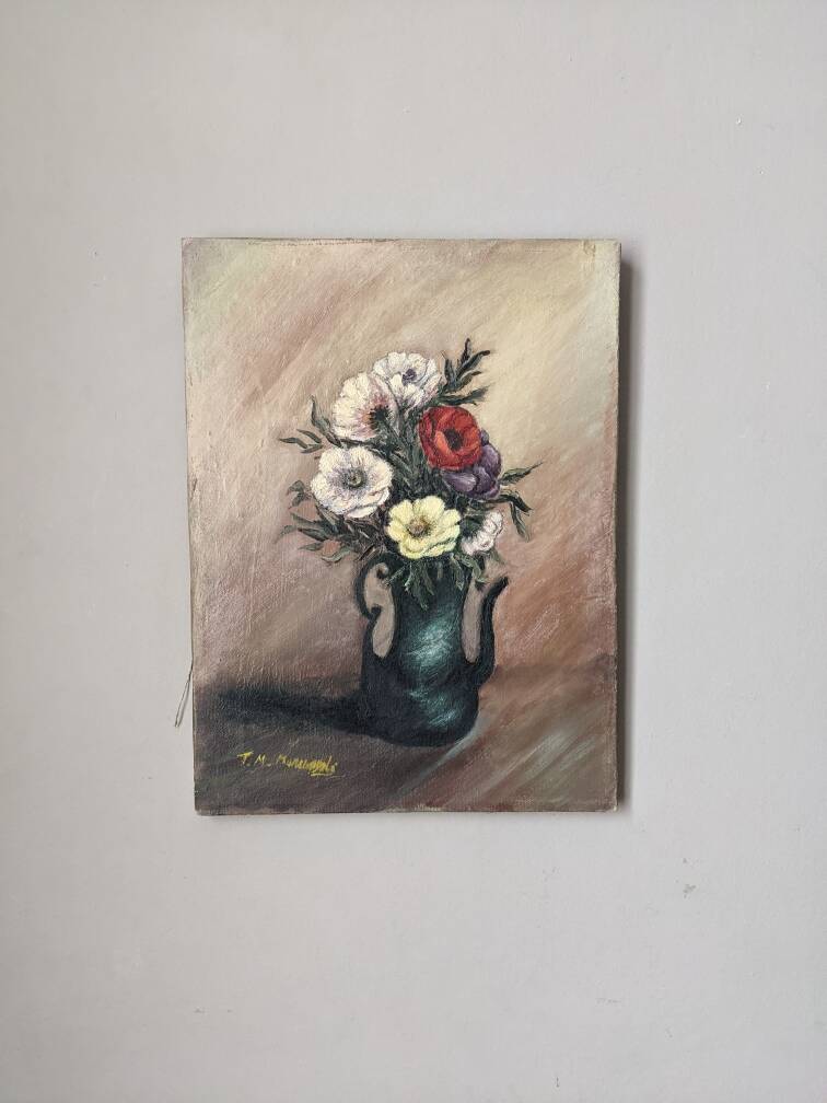 Old oil painting on canvas, old still life, bouquet of flowers