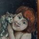 Portrait enfant et chat sur panneau de bois