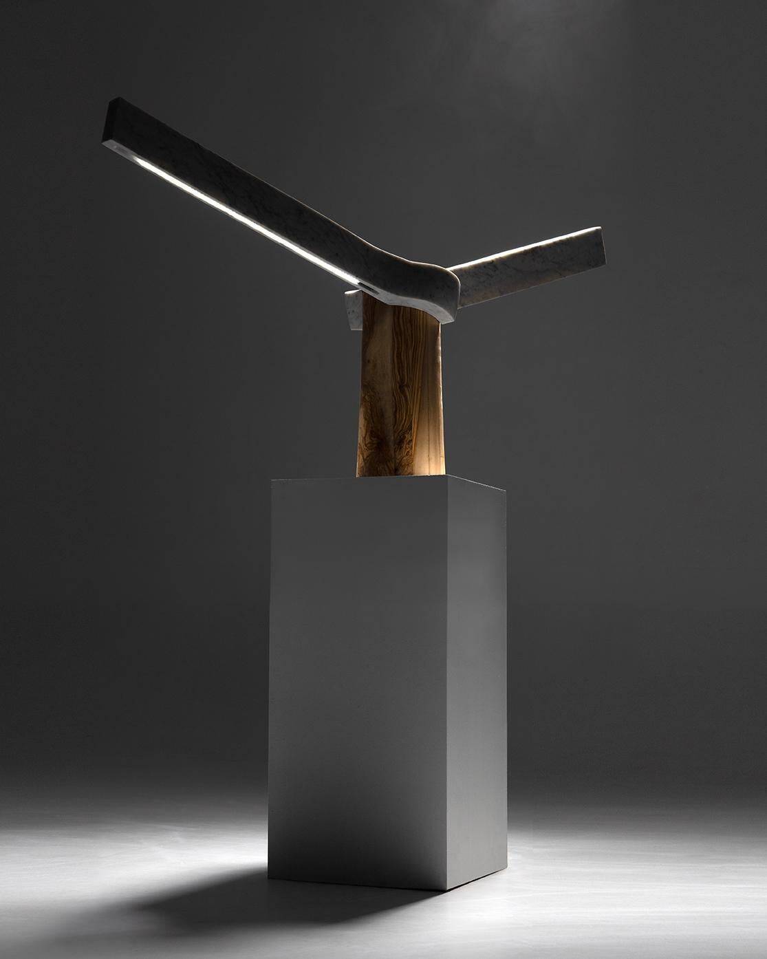 Sculptural Lamp Designed by Carlos Aucejo, made of Marble and Wood.