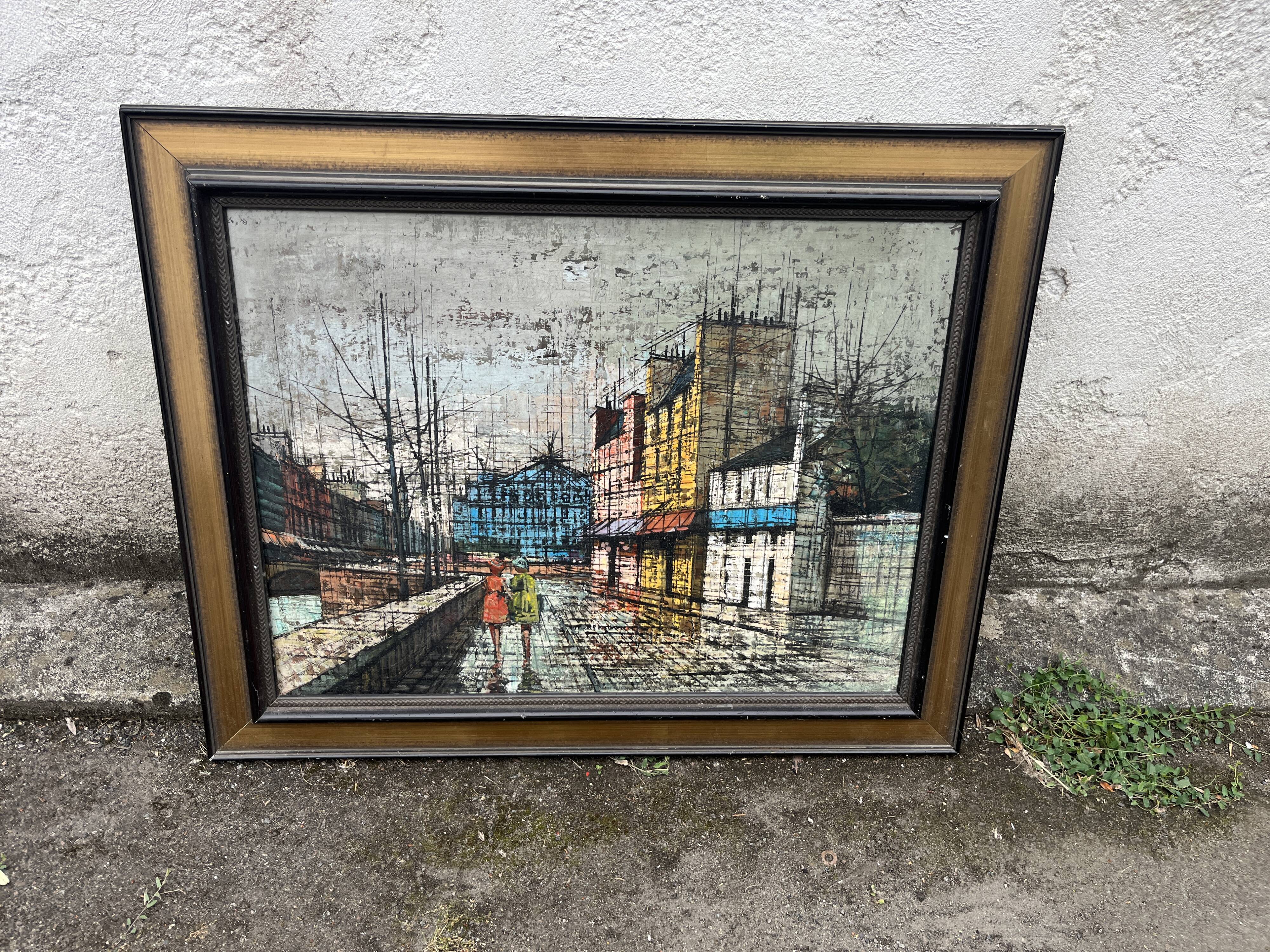 Grand tableau scene de rue urbaine esprit Bernard Buffet années 60