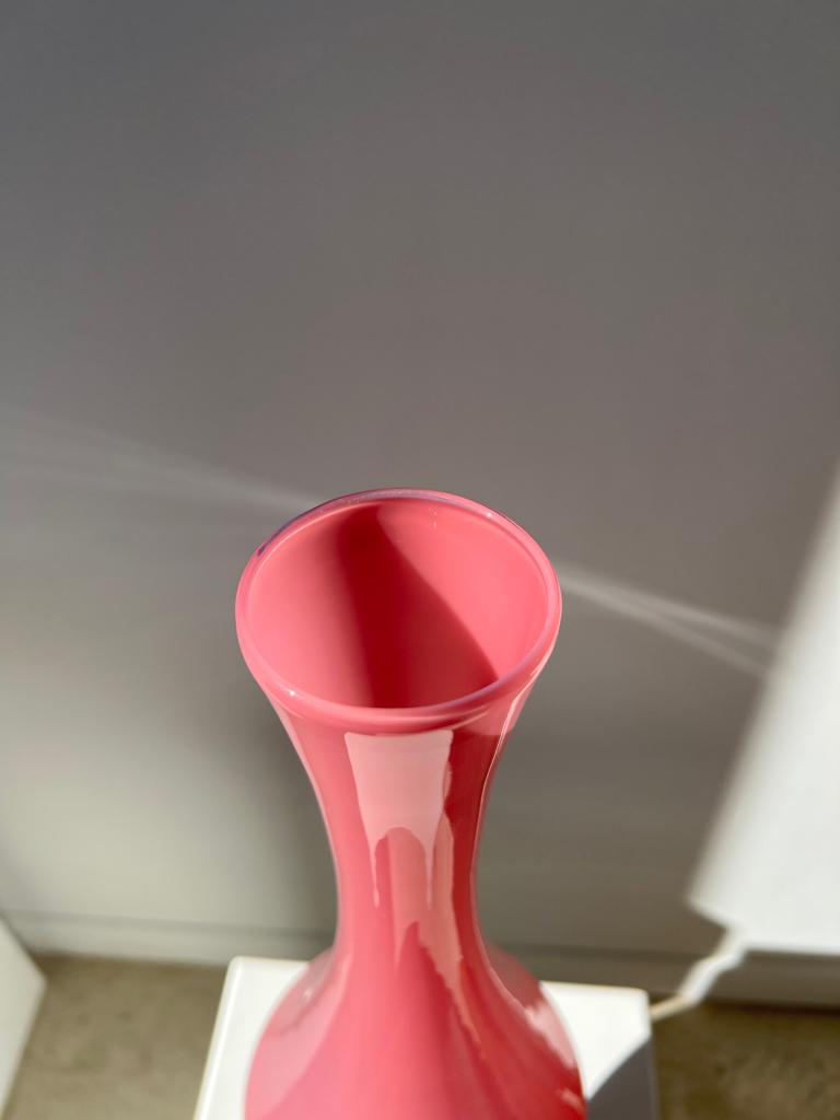 Vintage pink opaline glass vase, white foot h: 53cm