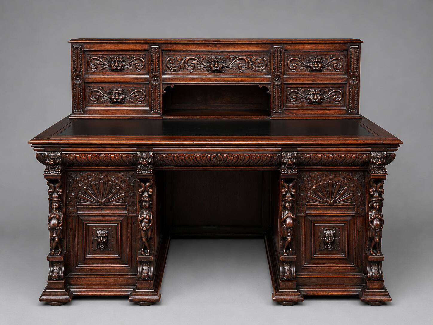 Old Renaissance style desk. Solid oak. France. Late 19th century.